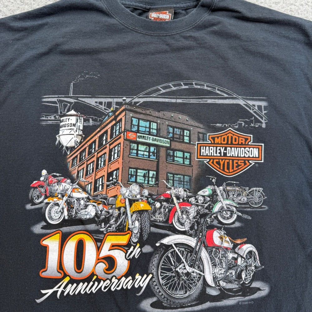 Harley Davidson 105th Anniversary‎ Shirt Mens 2XL Black Wisconsin Biker Tee 2008